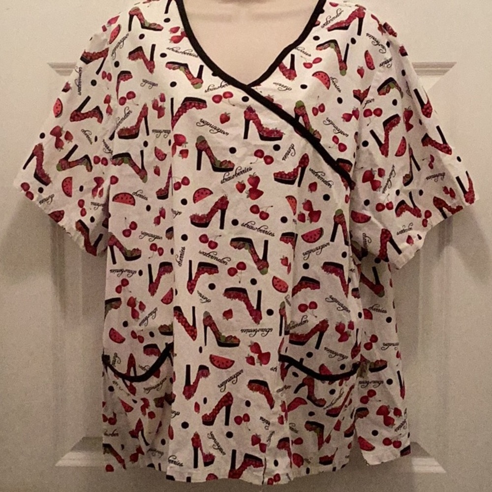 Ladies Tafford Scrub Top with Shoes and Fruit design